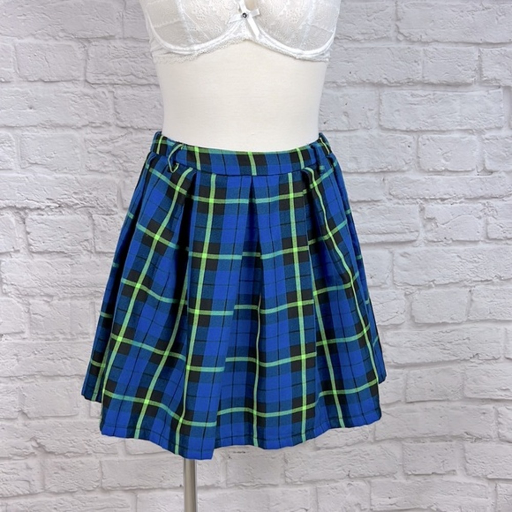Hot Topic Blue Green Plaid Skirt Medium Preppy Schoolgirl Pleated